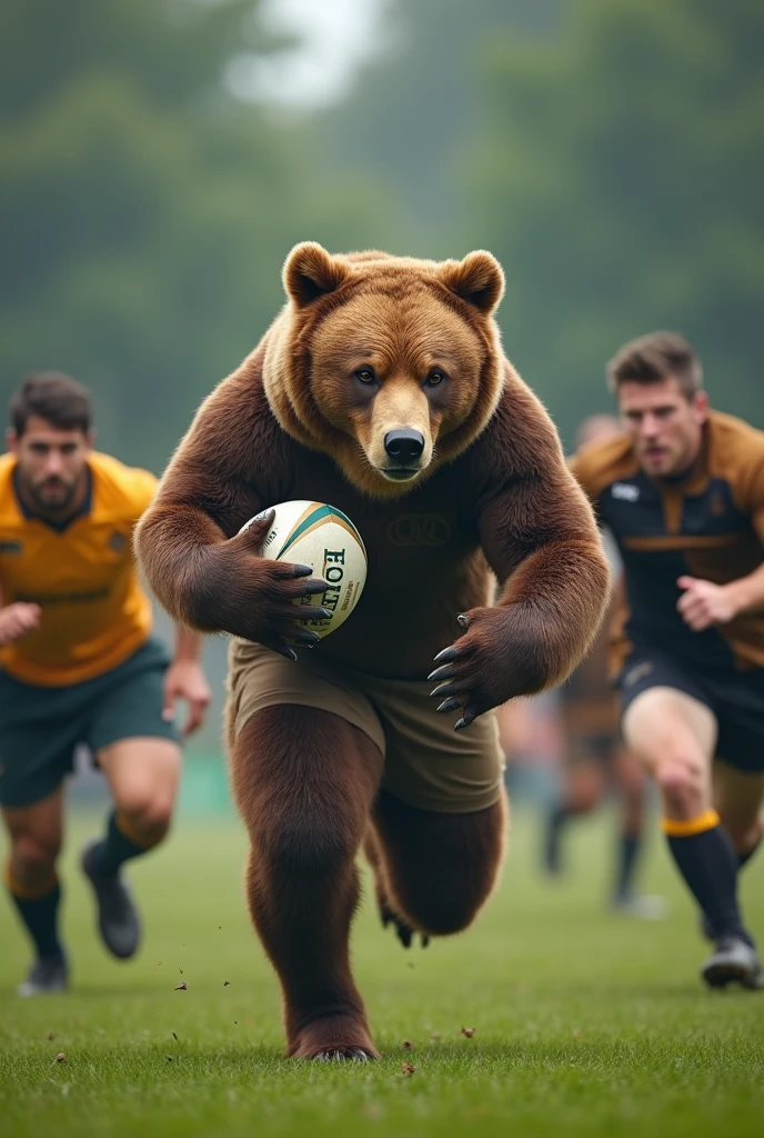 photorealistic image of a brown bear as a rugby player holding the ball and running in fierce gameplay field ganged up on by opponents, surrounded  by hostiles, dynamic motion, cinematic photography, slow shutter shot with Fuji Film XT4 f/1.5 ISO 200