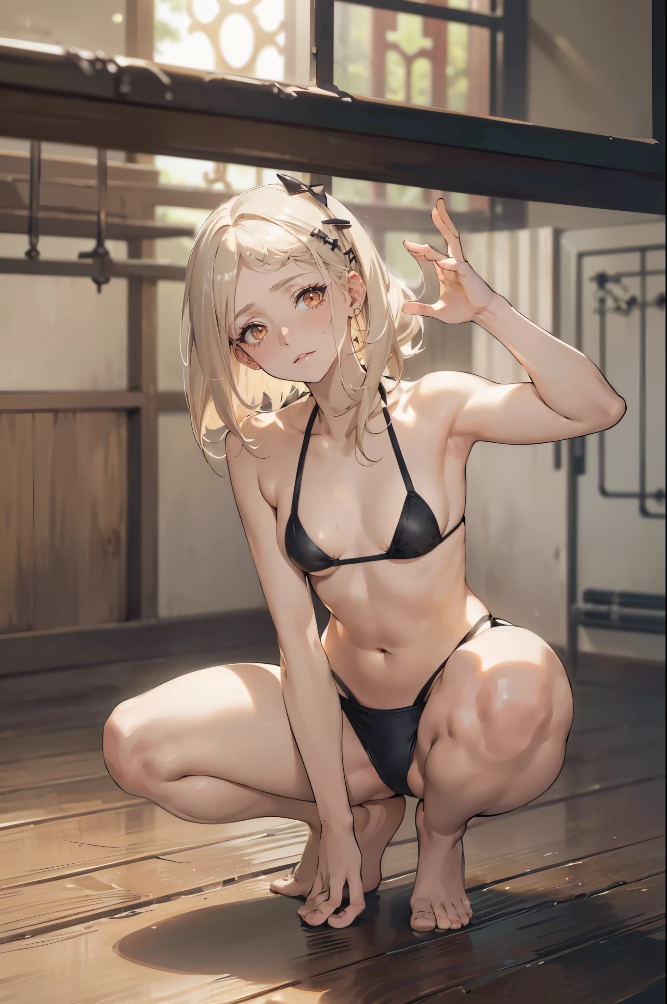 Photorealistic:1.5, Beautiful woman, hairstyle that bounces outward, (medium hair:1.5), (platinum blond hair:1.5), (platinum blond colored eyelash:1.5), (parted bangs:1.5), (amber color eyes:1.5), (sleepy face:1.5), blush:1.2, (tilt one's head:1.5), (hairpin:1.3), (masterpiece:1.3), (best quality:1.3), high-resolution, Head-on angle, Body facing forward, solo, beautiful detailed eyes, mid day, (((best quality, textile shading, ultra detailed))), extremely detailed CG unity 8k wallpaper, Highly Detailed beautiful and aesthetic, high resolution, detailed, dramatic lighting, 1Character, soft, gentle colors, (small breast:1.5), (black bikini swimsuit:1.5), (skinny:1.5), blur background, poolside:1.5, squatting:1.2, armpit:1.5,