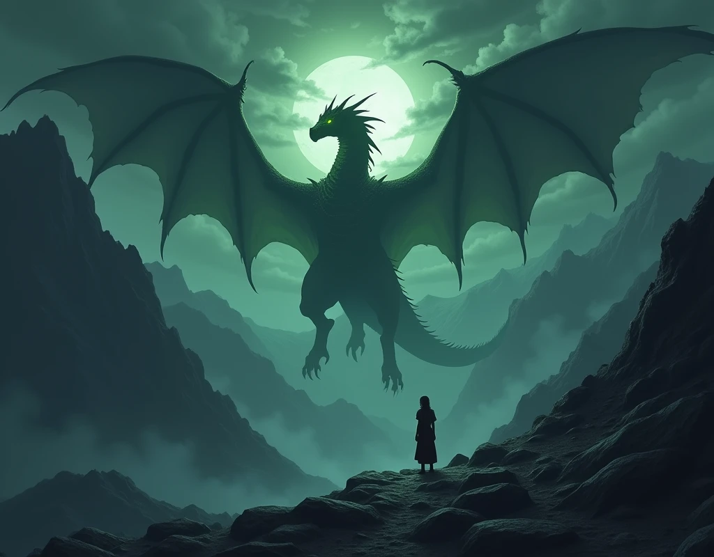 Dark and intense female scene((white hair))A lone man standing on top of a mountain at night. The woman was small and silhouetted against the dark sky., Showing the enormous size of the scene. He looked at the giant dragon&#39;s face., A terrifying dragon is approaching from the sky., Wings spread wide, Glowing eyes and green scales that sparkle in the moonlight. The atmosphere is creepy., There were dark clouds swirling and the mountains were rugged and steep.. The appearance of the dragon is terrifying and powerful., As if it could unleash disaster at any moment..