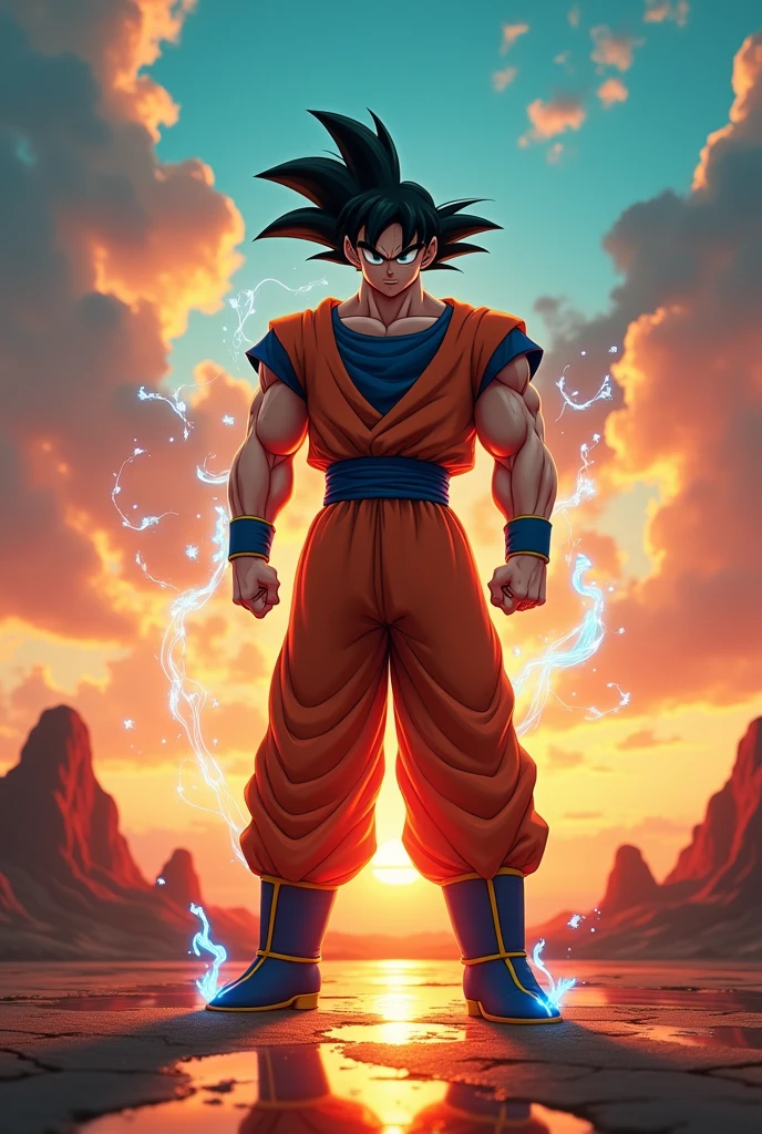 goku standing in front of sunset, ultra realistic reflections, wide angle image, beautiful blue skies, beautiful sunset, high detailed goku, face towards sun, badass image, destructive image, blue and green energy beems,