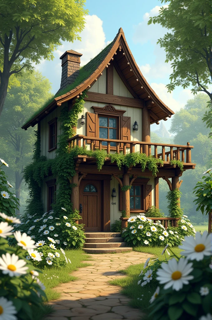 Make me a wooden house and a white tigon flower garden