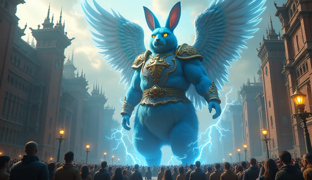 A rabbit, The color is blue, So big it could swallow a poem, Holy, Seongsu, Stand on two legs,  Spreading the angel&#39;s wings, A cat with a human face, Wearing the armor of a medieval emperor,The size of a city , Rich medieval ancient city background, It is 100m in size, god화속세상, high detail, 8k, photorealistic, hyper realistic, god, Electricity surrounds the body, The eyes glow yellow., The crowd is bowing down to him..