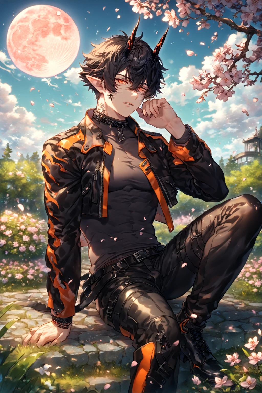 absurdres, highres, ultra detailed, HDR) master piece, best quality, extremely detailed, detailed face, detailed eyes, delicated features, Flamebringer, black hair, expressive orange eyes, Arknights, solo, sexy man, handsome, toned, sensual, black horns, slightly pointed ears, black marks on the face, cropped leather jacket with orange patterns, tight turtleneck shirt, collar, black leather pants, sitting, cherry blossoms, garden, pink flowers, fantasy, magical, pink moon, blue sky