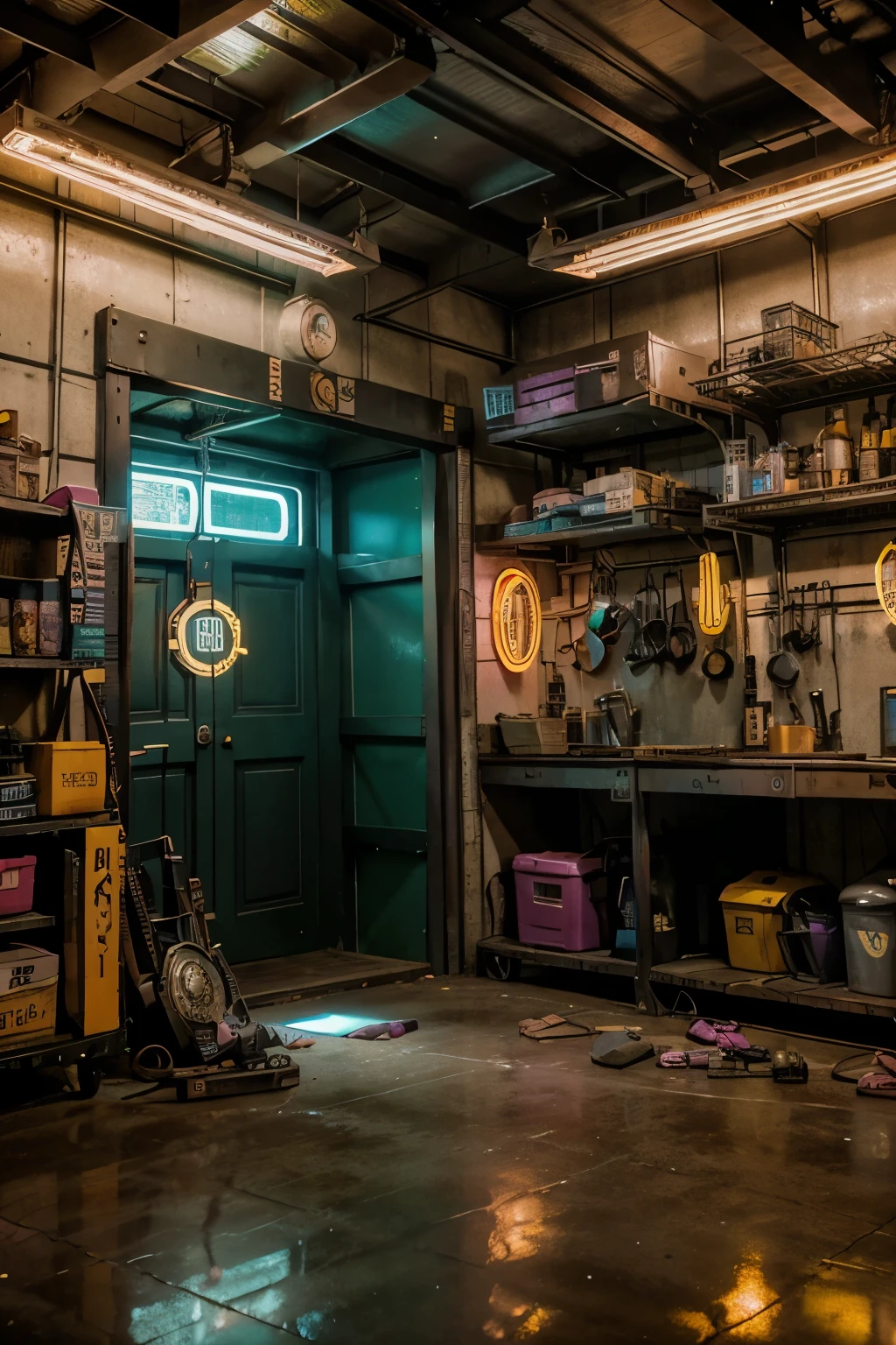 Dimly lit garage in a steampunk-neon style, captured in a straight perspective. The neon lights are now glowing in shades of purple and pink. The garage is filled with metal scrap on shelves and scattered on the floor. In the center, there is a robot-monkey holding a banana, as if it's inviting someone in. The darker atmosphere contrasts with the vibrant purple-pink neon lights, creating a mysterious and futuristic mood.