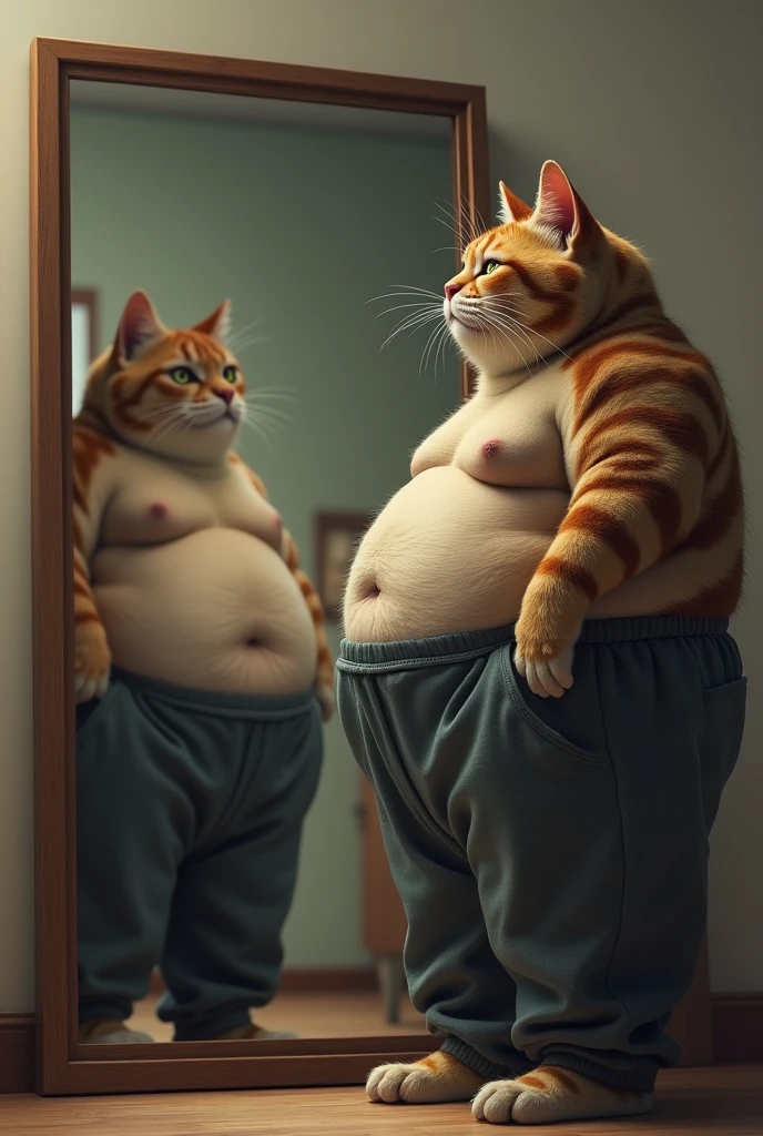 Here is a prompt for the above message:
"Generate an image of a 6-foot tall, overweight cat i, wearing sweatpants,
Watching his body in a full mirror and feeling sad
Show the mirror image