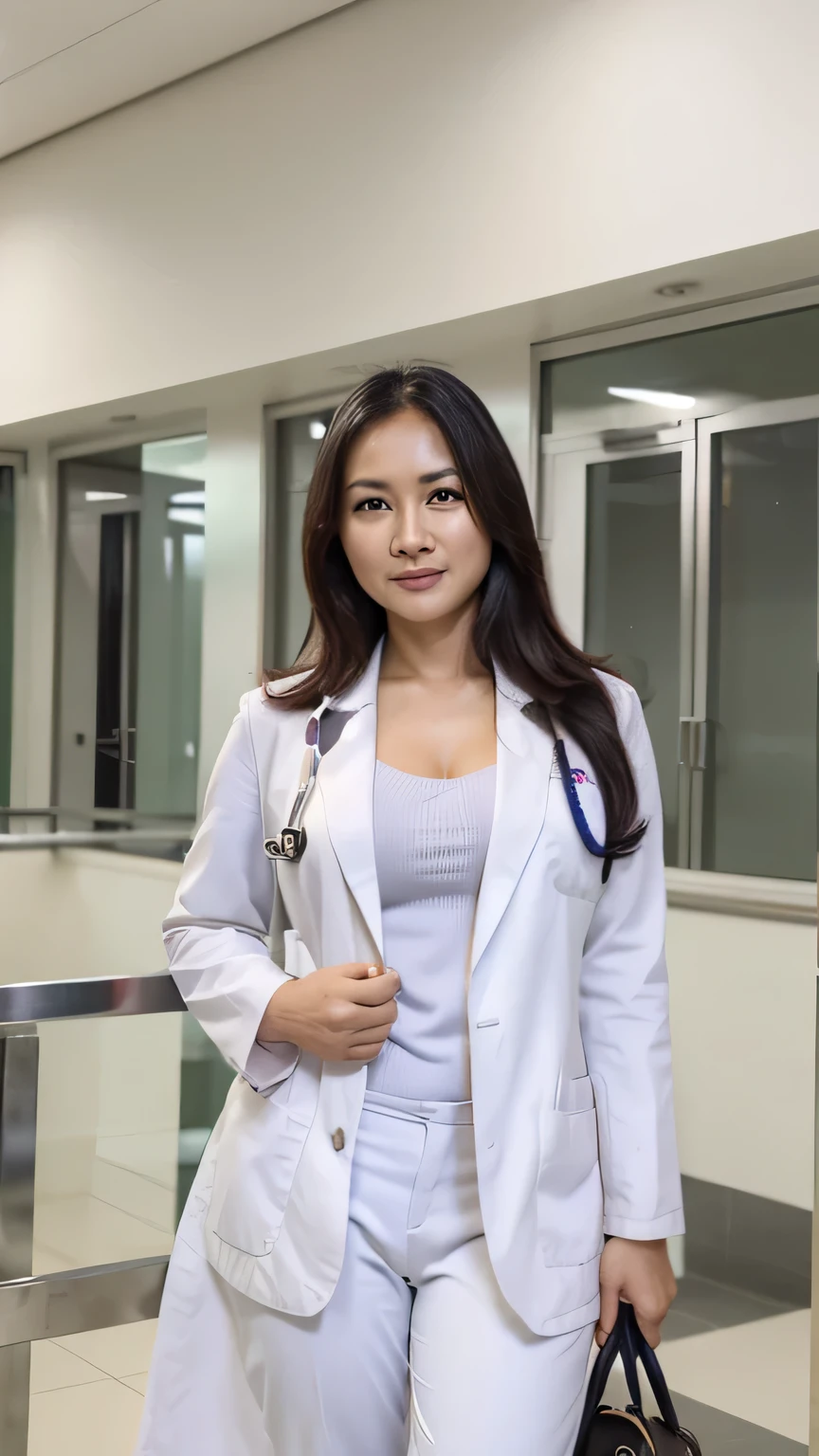 Indonesian woman,((40 years old)), doctor, beautiful face, fair skin, doctor suit, pants, white coat, stethoscope, big hips, soft smile, sweet face, hospital