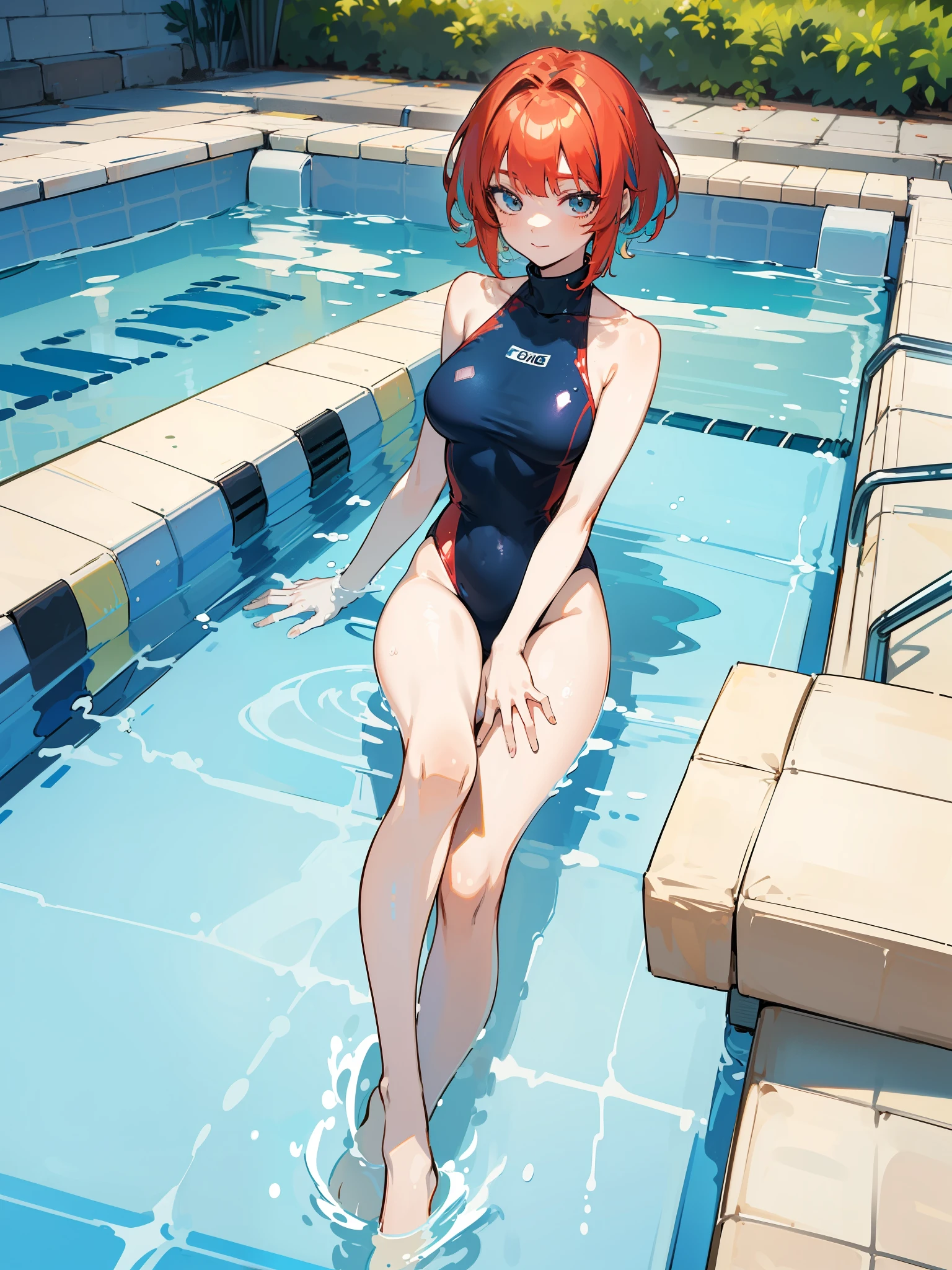 ((Best Quality)), ((masterpiece)), ((realist)) 1, redhead girl, shoulder length hair, relaxed happy face ((slender)) (busty), ((( Multicolor metallic turtleneck one-piece swimsuit ))) ((sexy )) textured pixie cut ) (((swimming pool))) 6 heads and a half full body