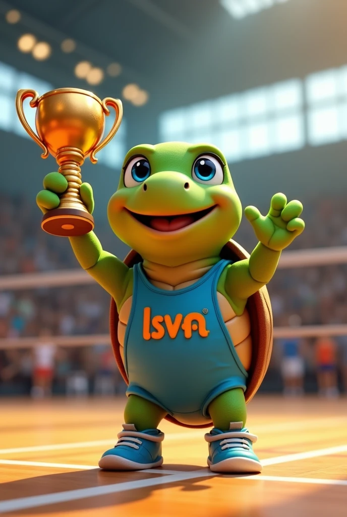 Waku, an adorable turtle with vibrant green skin and a rich brown shell, looks up with bright blue eyes shining with excitement, as if celebrating a triumphant spike, stands on a modern indoor volleyball court with polished wooden floors, waving and presenting to the spectators with his volleyball champion trophy, wearing a blue tank top with a stylized orange lowercase "lsvm" logo on the chest, his tiny tennis shoes tied and ready, capturing the essence of his cheerful and competitive spirit, with soft, warm lighting casting a comforting glow on the overall scene. He is greeting the public