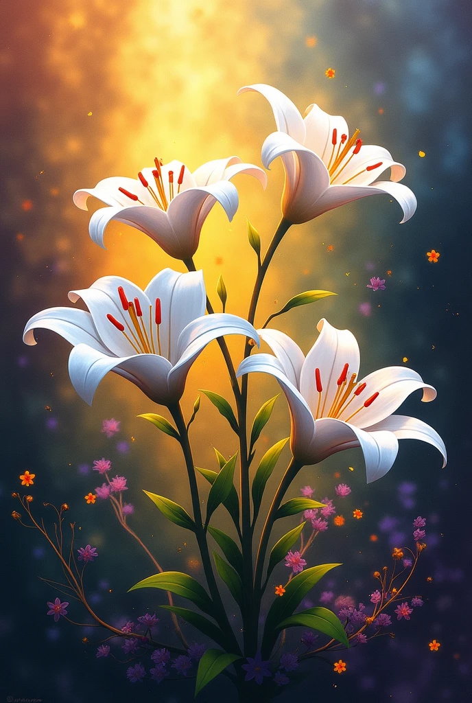 flower, a few of white lilies ,in the style of light yellow and orange in the center, dreamy and romantic compositions, pale yellow, ethereal foliage, playful arrangements,fantasy, high contrast, ink strokes, explosions, over exposure, purple and red tone impression , abstract, ((watercolor painting by John Berkey and Jeremy Mann )) brush strokes, negative space, dark background