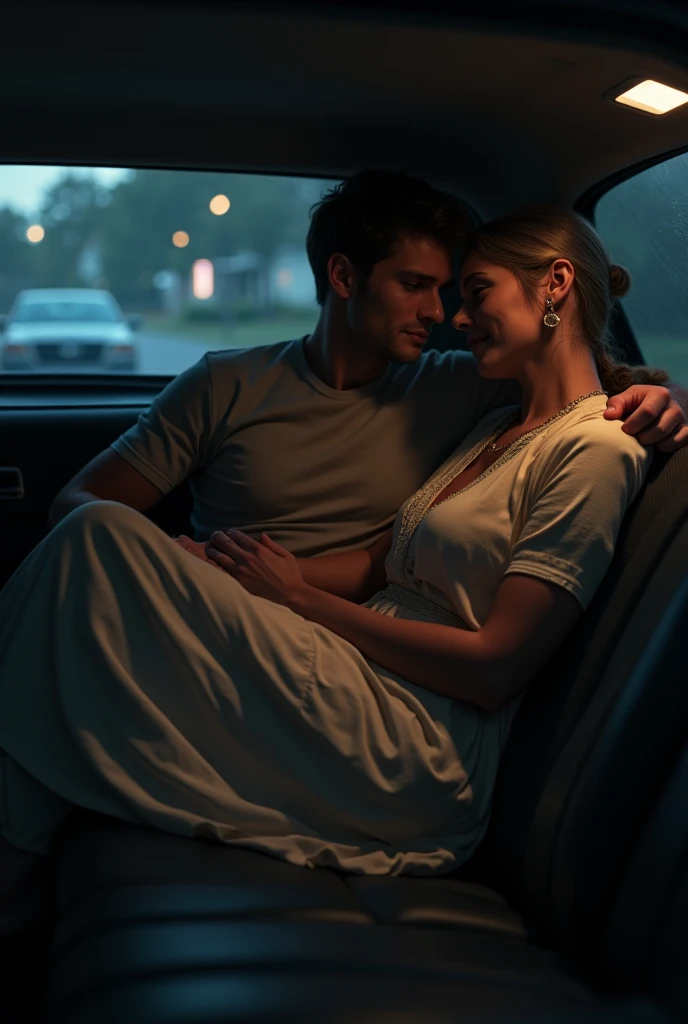 At night, one handsome 1 boy wears tshirt shorts sitting on back seat of the car and 40 year old woman is sitting on that boy's lap. That woman wears kurta and slack.
