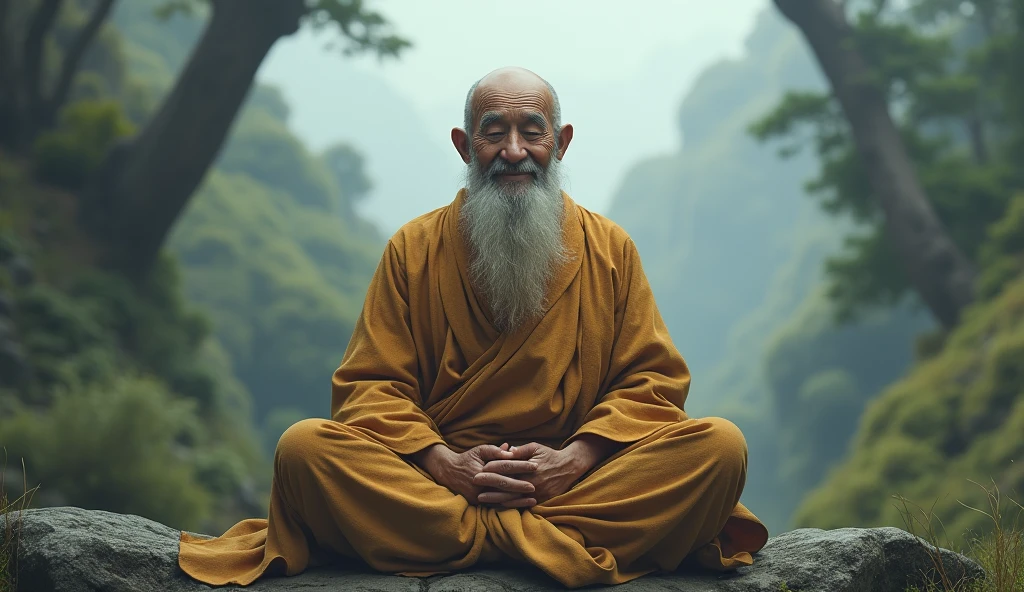 Image of the wise man smiling patiently, sitting in a meditative position
