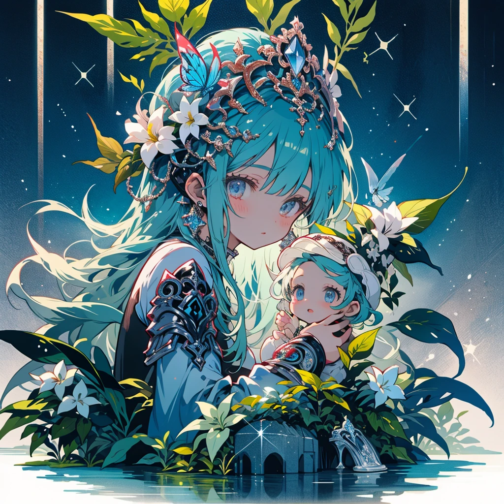 、Highest quality、masterpiece、Official Art、The best configuration、Tabletop、Award-winning works、Ultra-precise down to the last detail、Super elaborate face、pastel colour、A Kind World、Little、Leprechaun、Squat down and talk to the little fairy of the sea、Sparkling、The best light source、Blue sky and blue sea、Transparent watercolor、Milky white, beautiful hair、Surround the border with plumeria flowers、