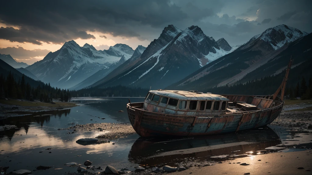 ellie from the last of us, alone in the mountains, overlooking a large lake, post-apocalyptic landscape, wrecked and rusted boat in the lake, highly detailed, ultra-resolution, 8K 60FPS HDR, cinematic, dramatic lighting, moody atmosphere, somber colors, realistic, photorealistic, (best quality, 4k, 8k, highres, masterpiece:1.2), ultra-detailed, (realistic, photorealistic, photo-realistic:1.37), HDR, UHD, studio lighting, ultra-fine painting, sharp focus, physically-based rendering, extreme detail description, professional, vivid colors, bokeh