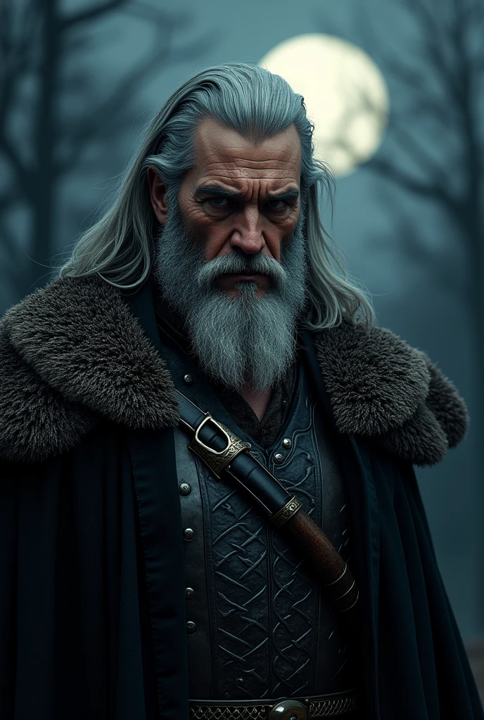 Actor Travis Fimmel (travis fimmel) Geralt of Rivia (Geralt of Rivia) Night portrait of, his face is illuminated by the full moon, He has a beard, Model shooting style (Extremely detailed CG Unity 8K), Full-frame photography of the world's most beautiful works of art, Medieval wizard armor, Greg Rutkowski's professional majestic paintings, Popular on artstation, Popular on CGsociety, complex, Very detailed, Be focused, dramatic, Midjourney's realistic paintings