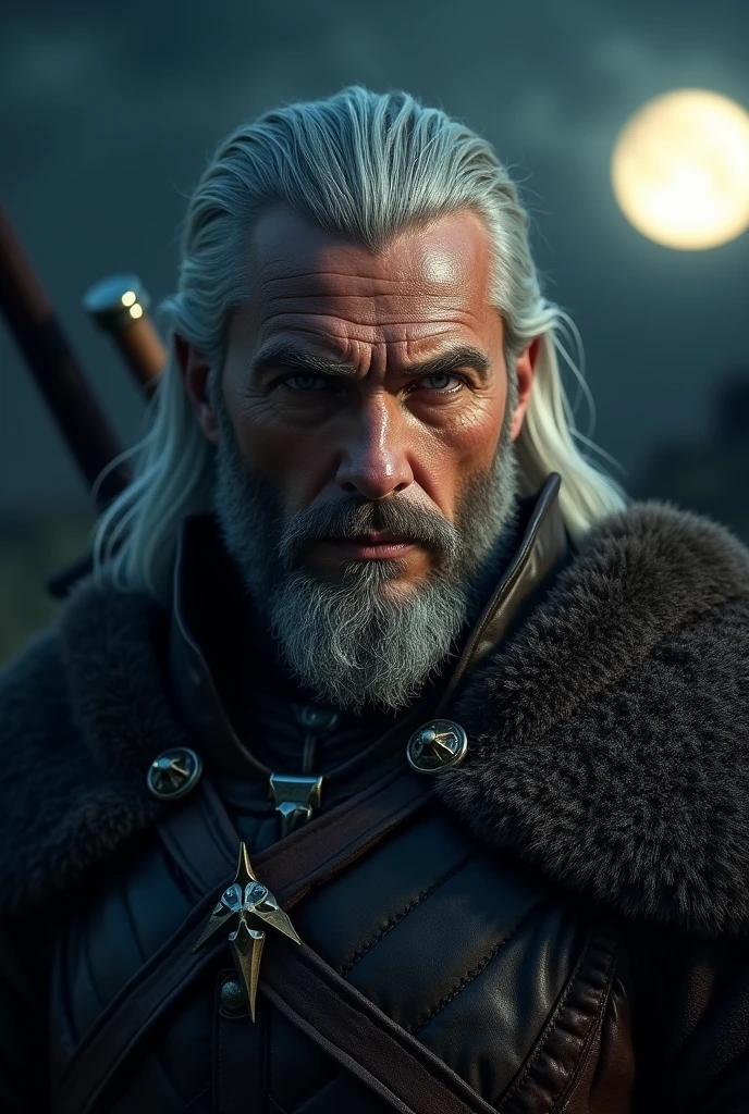 Actor Travis Fimmel (travis fimmel) Geralt of Rivia (Geralt of Rivia) Night portrait of, his face is illuminated by the full moon, He has a beard, Model shooting style (Extremely detailed CG Unity 8K), Full-frame photography of the world&#39;s most beautiful works of art, Medieval wizard armor, Greg Rutkowski&#39;s professional majestic paintings, Popular on artstation, Popular on CGsociety, complex, Very detailed, Be focused, dramatic, Midjourney&#39;s realistic paintings