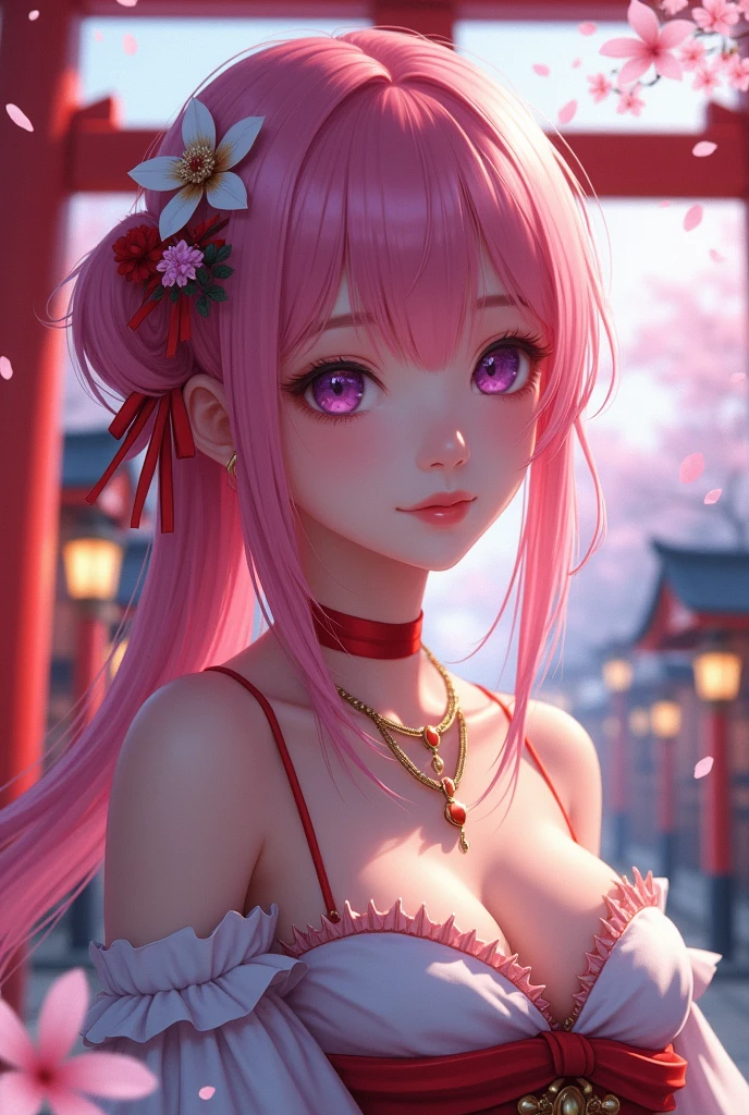 1girl, (ulzzang-6500:0.7), kpop idol, yae miko, detached sleeves, bare shoulders, pink hair, long hair, japanese clothes, best quality, (painting:1.5), (hair ornament:1.35), jewelry, purple eyes, earrings, breasts, torii,  cherry blossoms,  lantern light, depth of field, detailed face, face focus, ribbon_trim, (looking at viewer:1.25), nontraditional miko, shiny skin, long sleeves, smile, thick lips, game cg, hands on lips, east asian architecture, (blurry background:1.2), sitting, upper body,