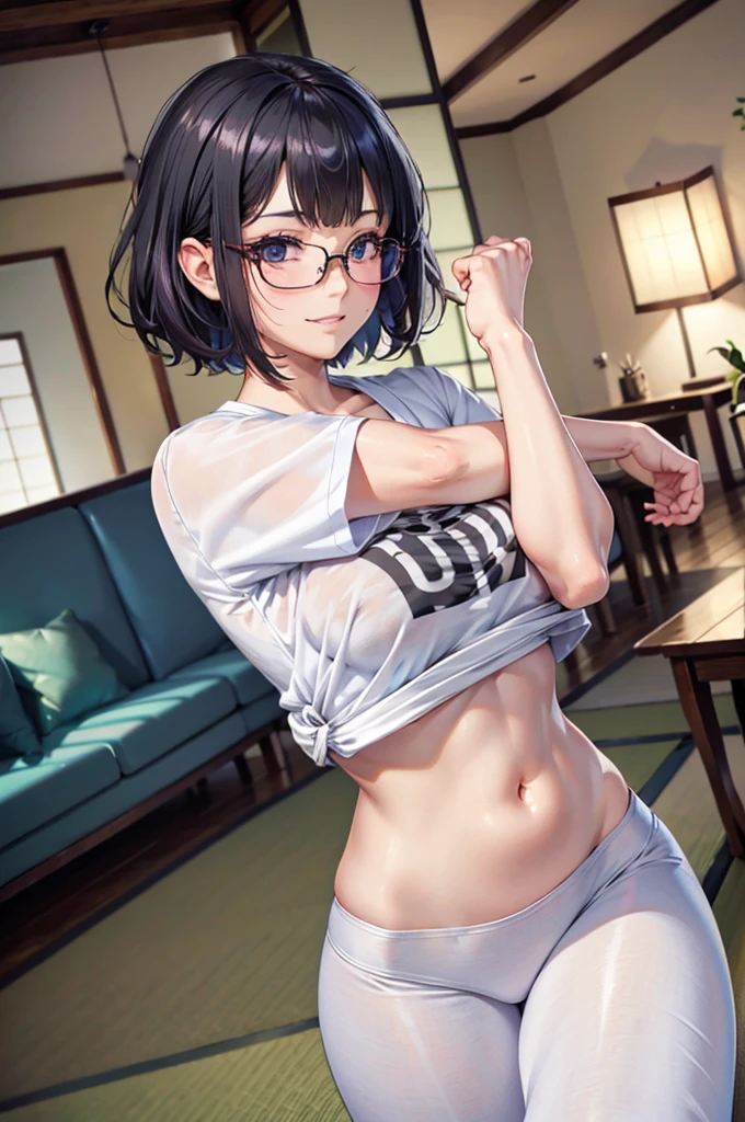 sfw,RAWphoto,photorealistic,8k16k,best quality,perfect anatomy,perfect detailed,ultra highres, extremely detailed eyes and face,gleaming skin,shiny skin,1girl,Japanese,black short hair,pixie cut,parted bangs,forehead,eyewear,round face,medium breasts,chubby,thick thigh,huge hip,wearing T-shirt,half yoga pants,living room,stretch,smile,clenched teeth