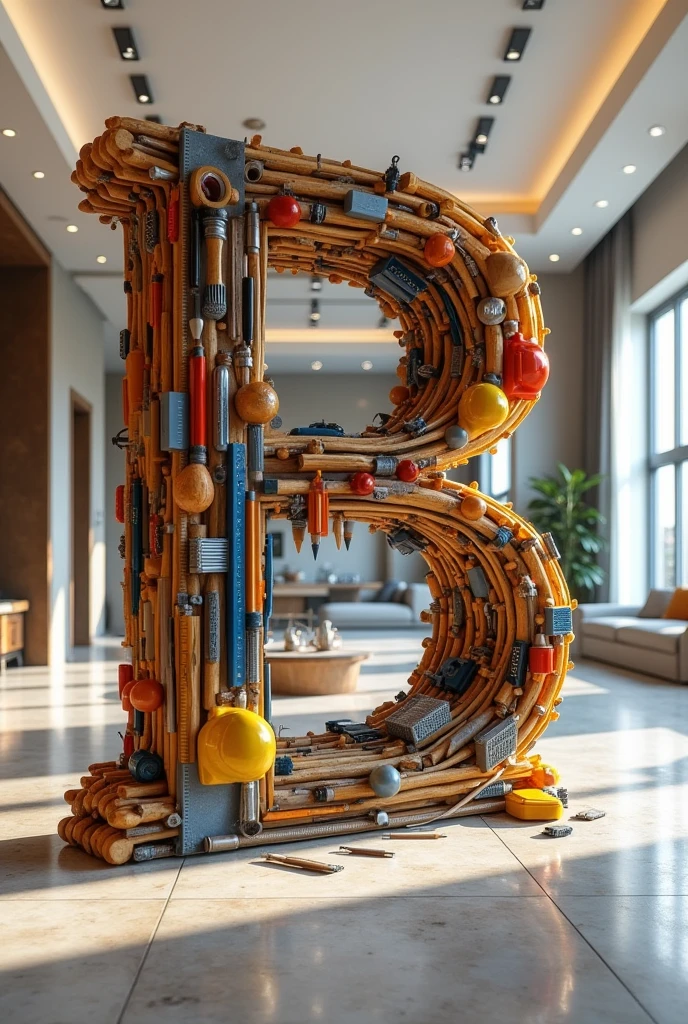 A huge letter B tilted made out of "house building materials like brush,ruller,Pencil, Roller, safty golves,Googl eye glass",background inside view of well designed house with" ceiling ,lights ,designed walls,tables, sofas and table,write boldly "Beemnet's interior Design..." at the bottom