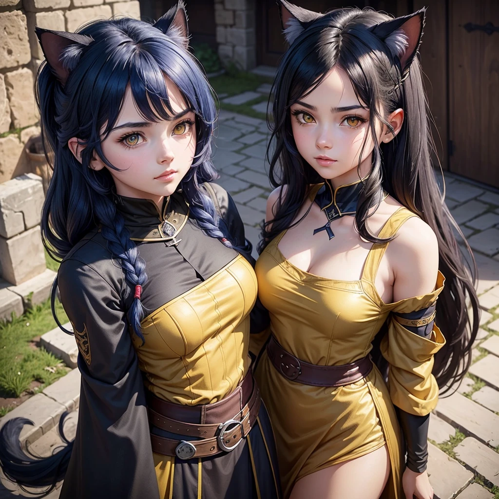 portrait, 1girl, young girl, cute girl, soft face, dark blue hair, anime hair, medium-long hair, yellow eyes, ninja, medieval, fantasy, RPG, cat ears, hidden human ears, at a medieval city, (best quality, masterpiece)
