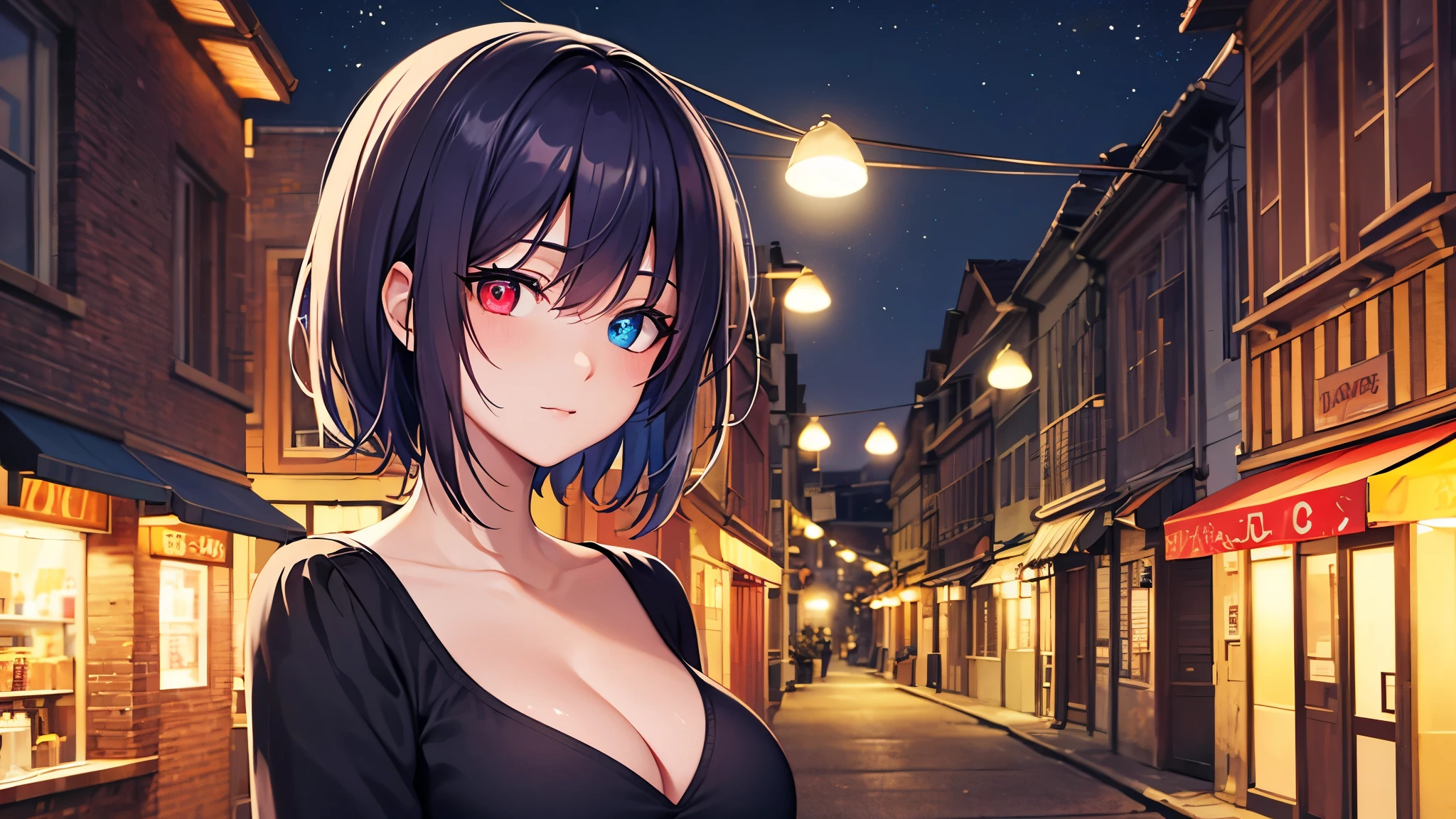 Highest quality, 8k, 4K, High resolution, (Beautifully detailed face), High Contrast,One person,only,short hair,Dark purple hair,Heterochromia iridis(Red eyes,blue eyes),Upper Eye,Large Breasts, Street clothes, Nice background, night, Tavern