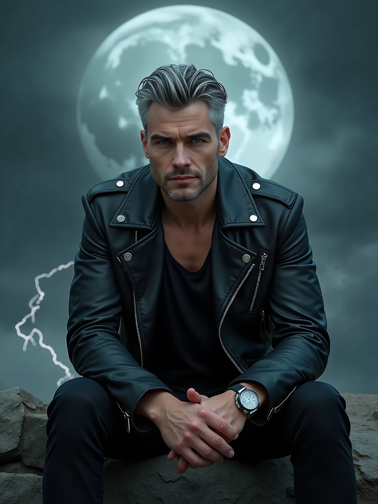 Front face view handsome and very attractive for women 4 man with short gray hair styled neatly. He has gray-blue eyes and no beard. He is wearing  biker black jacket. He has light skin and smiling sexy and doomy. He is sitting on a big stone under the big moon. The background is stormy with lightning. Professional lights, hyperrealistic photo, high details, cinematic.