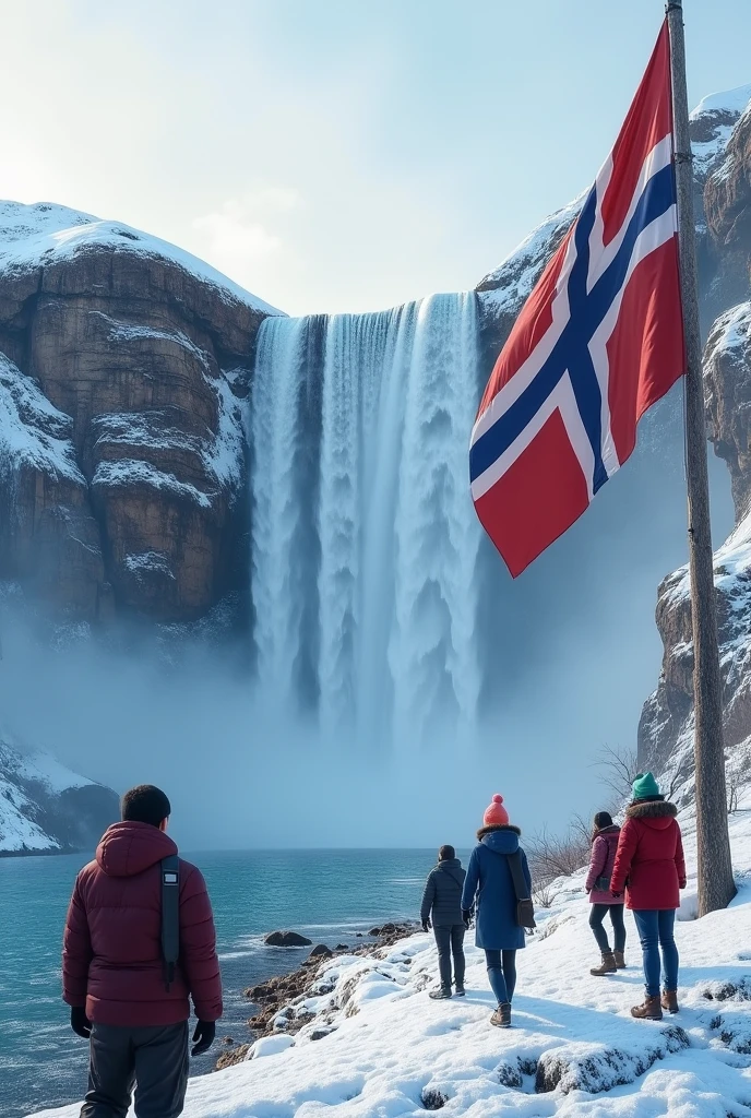 Huge Waterfall in snow in the sea.and tourists.and flag with blue,red,white nordic-cross colored and white star on the flag