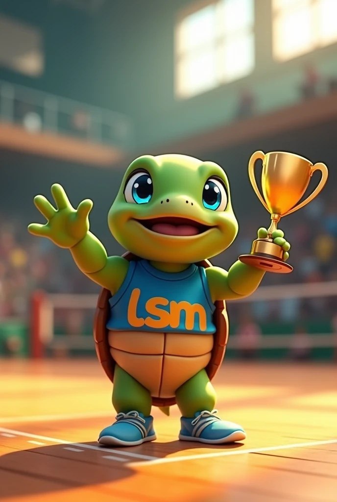 Waku, an adorable turtle with vibrant green skin and a rich brown shell, looks up with bright blue eyes shining with excitement, as if celebrating a triumphant spike, stands on a modern indoor volleyball court with polished wooden floors, waving and presenting to the spectators with his volleyball champion trophy, wearing a blue tank top with a stylized orange lowercase "lsvm" logo on the chest, his tiny tennis shoes tied and ready, capturing the essence of his cheerful and competitive spirit, with soft, warm lighting casting a comforting glow on the overall scene. He is greeting the public