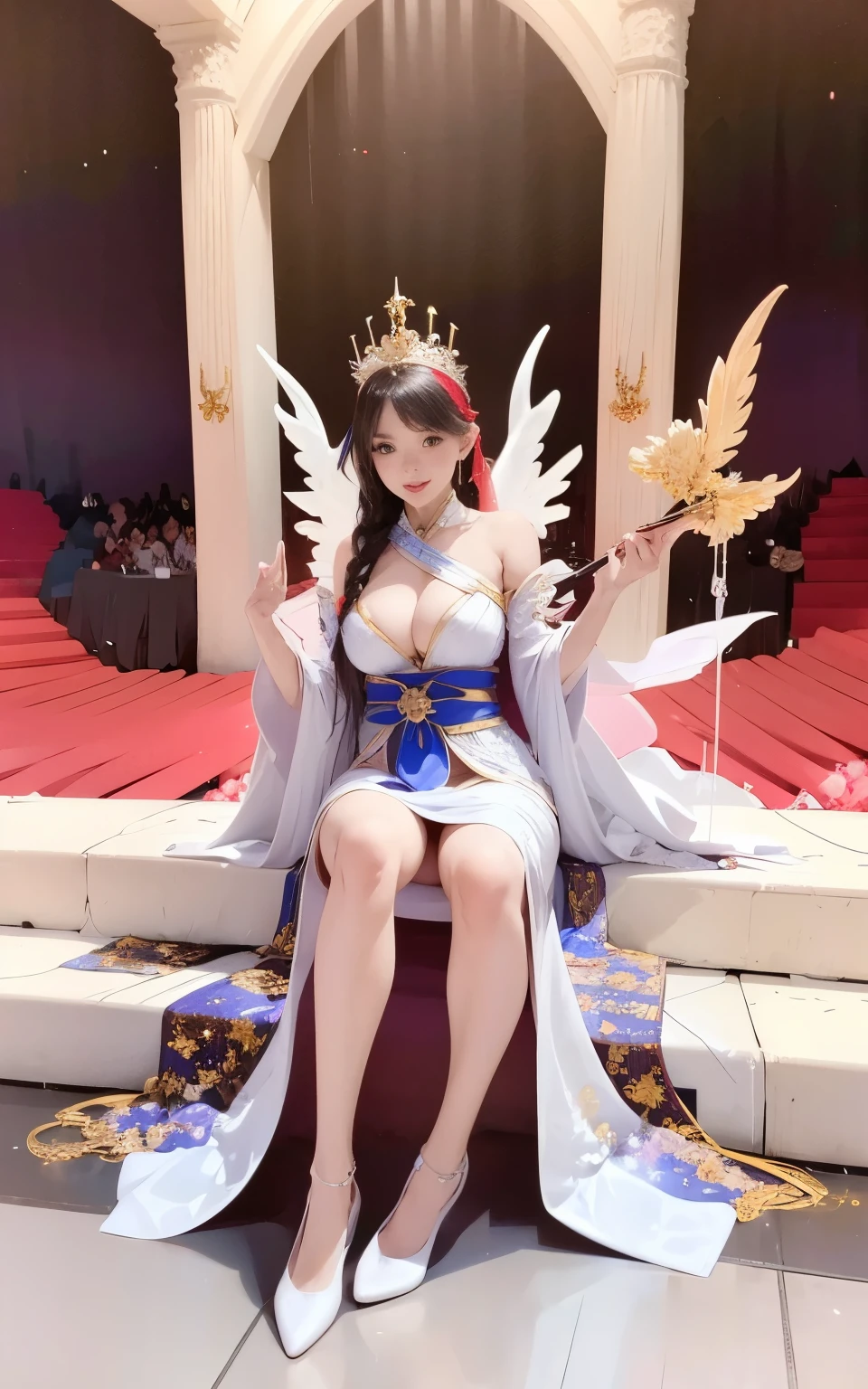 A woman in a theatrical costume on a stage, a beautiful celestial mage, an astonishing young ethereal figure, a beautiful fantasy queen, starscape witch outfit, flowing, fluid magic robe, white hanfu, fairytale fantasy, beautiful Delphi, ethereal fantasy, elegant and charming cosplay, Hanezu Akira, sitting on the ground, alluring and colorful, very stylish
