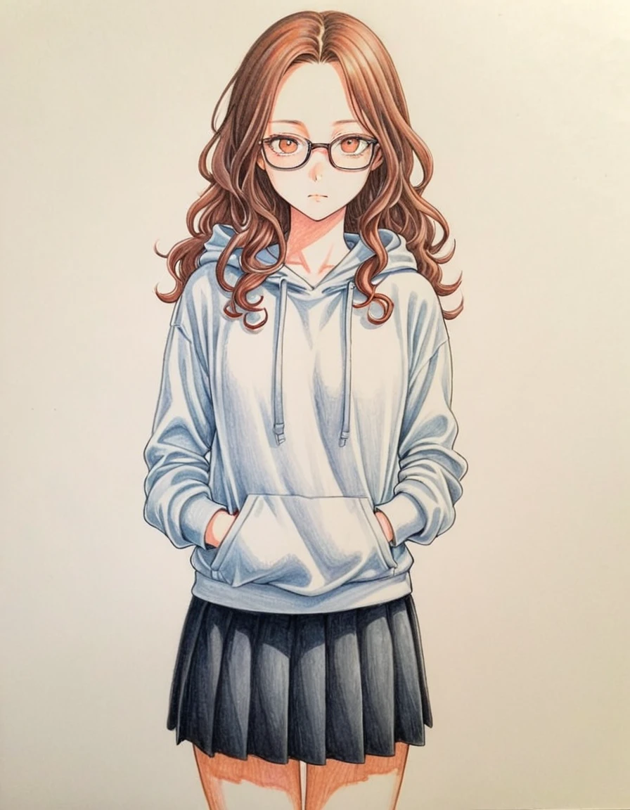1 female, 30-year-old, alone, thin, slender, small breasts!!!, Loose curly hair, Bedhead, Forehead, thin, slender, (((glasses))), hoodie, Skinny skirt, Are standing, art, Colored pencil drawing, draft, White background