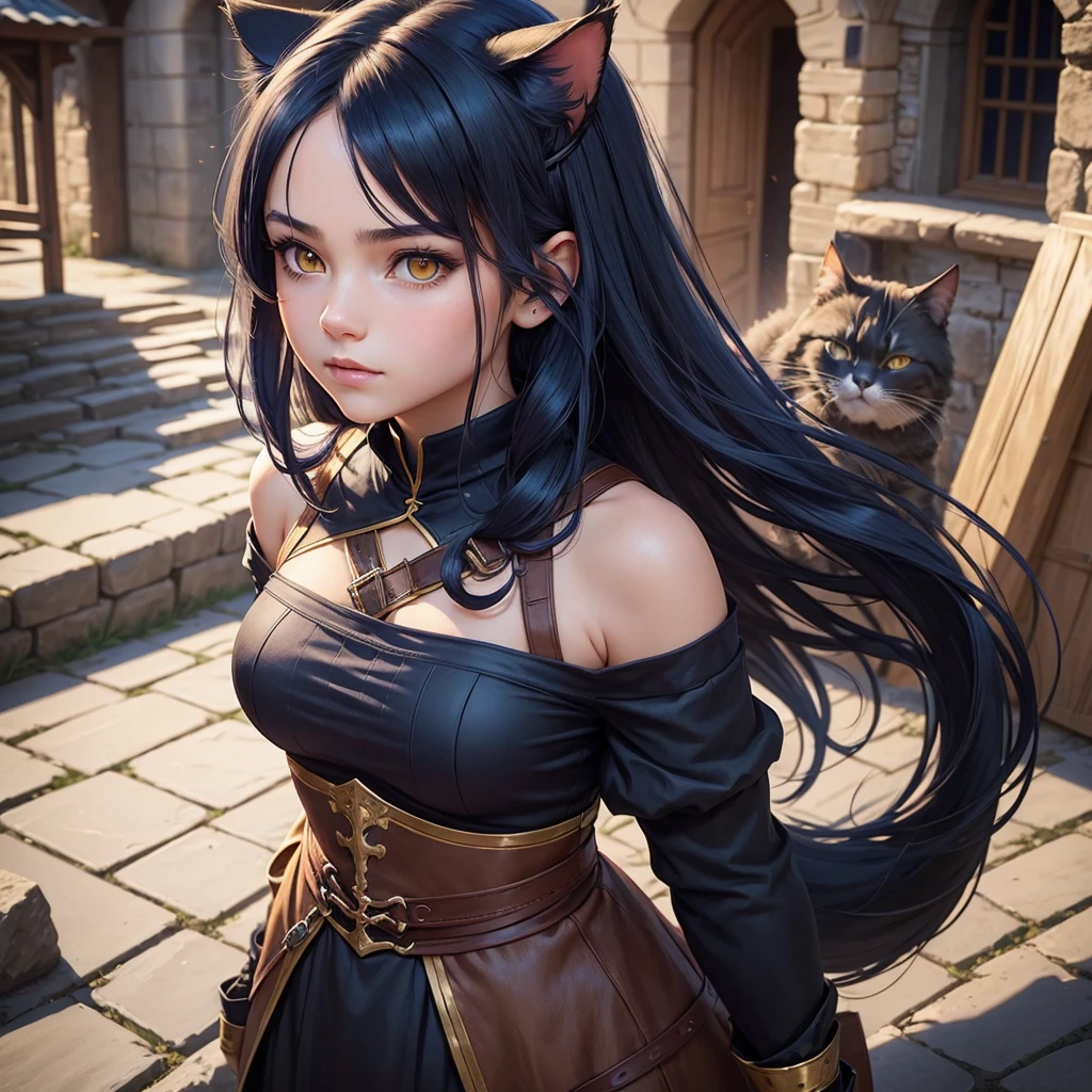 portrait, 1girl, young girl, cute girl, soft face, dark blue hair, anime hair, medium-long hair, yellow eyes, ninja, medieval, fantasy, RPG, cat ears, hidden human ears, at a medieval city, (best quality, masterpiece)