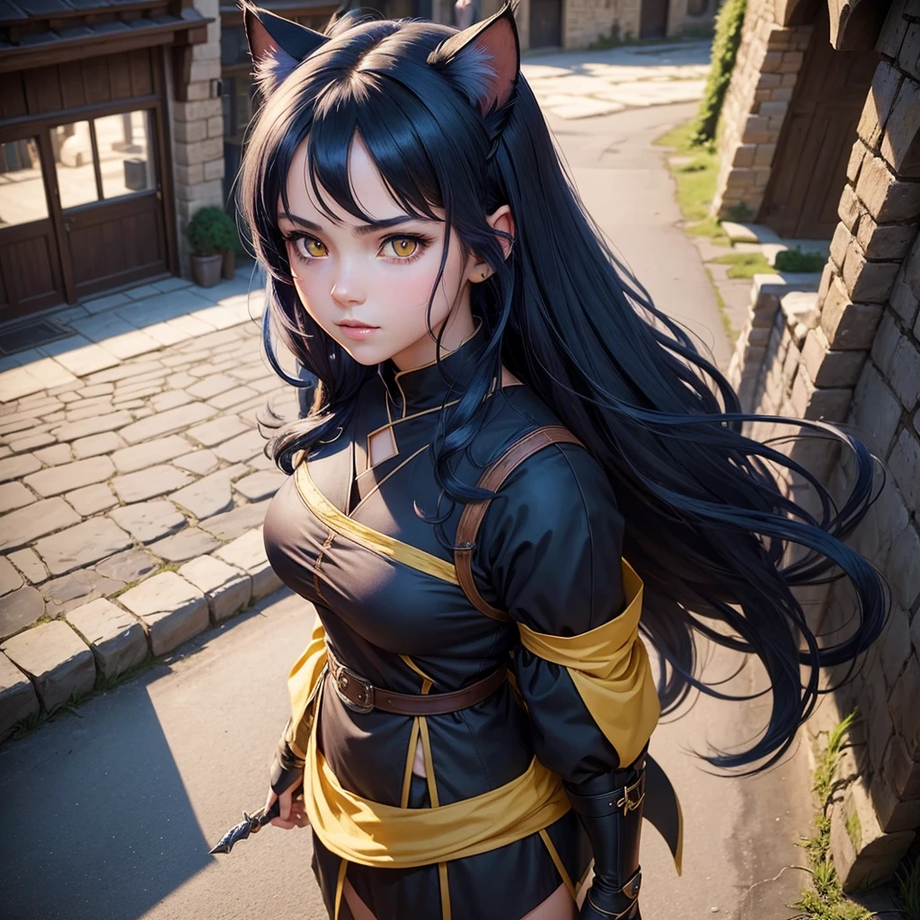 portrait, 1girl, young girl, cute girl, soft face, dark blue hair, anime hair, medium-long hair, yellow eyes, ninja, medieval, fantasy, RPG, cat ears, hidden human ears, at a medieval city, (best quality, masterpiece)