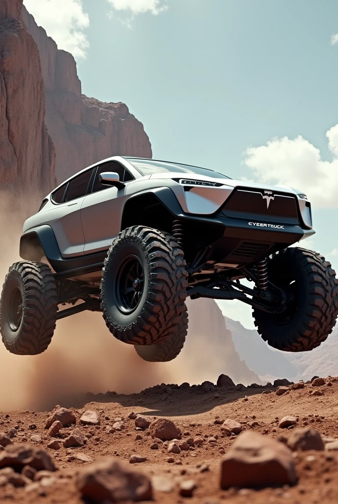 Cyber truck tesla silver. Big tyre. Monster truck tyre.. 4×4 . Off-road. On mud . Jumping from high place.from chilff Jumping . Very epic. Very stunning.