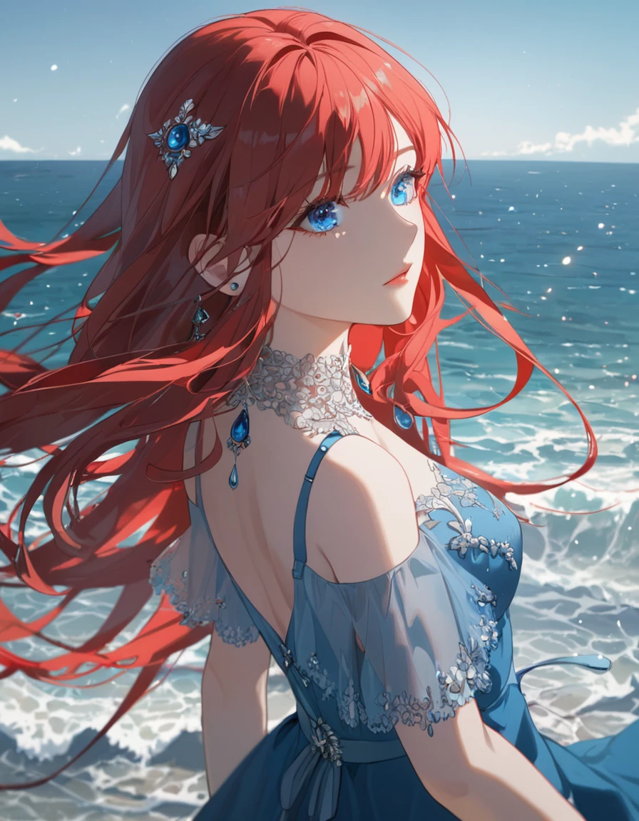 best quality, 8K, high res, ultra-detailed, cinematic lighting,1girl,bright red hair,long hair,blue detail jewelry eyes, delicate ocean,seaside,,((blue dress)),