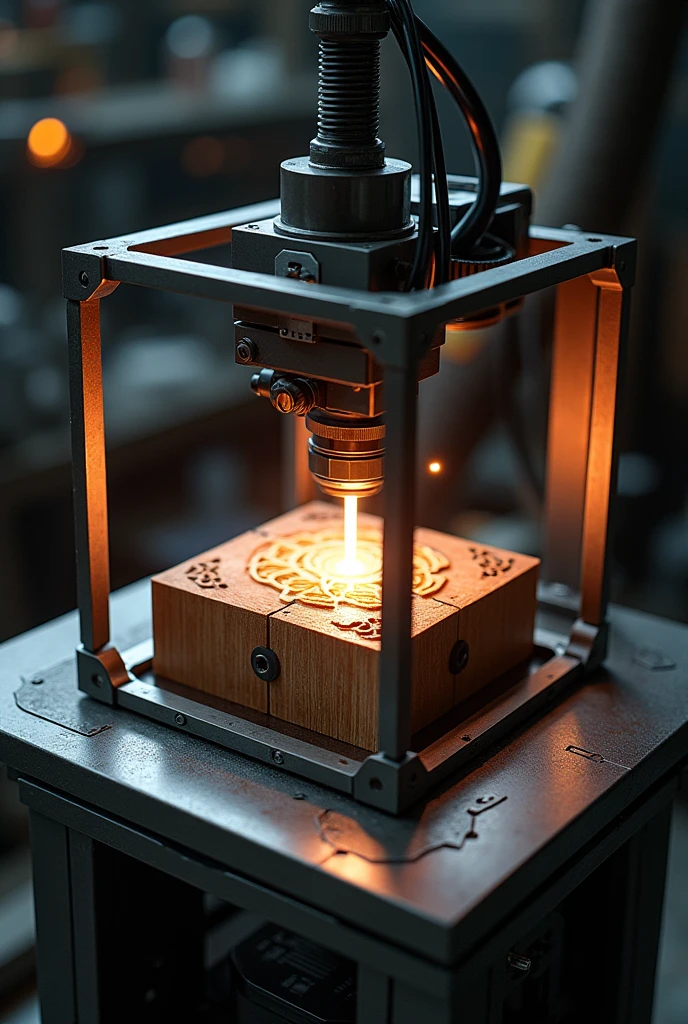 cubic metal matrix cuts a piece of wood inside it with a laser