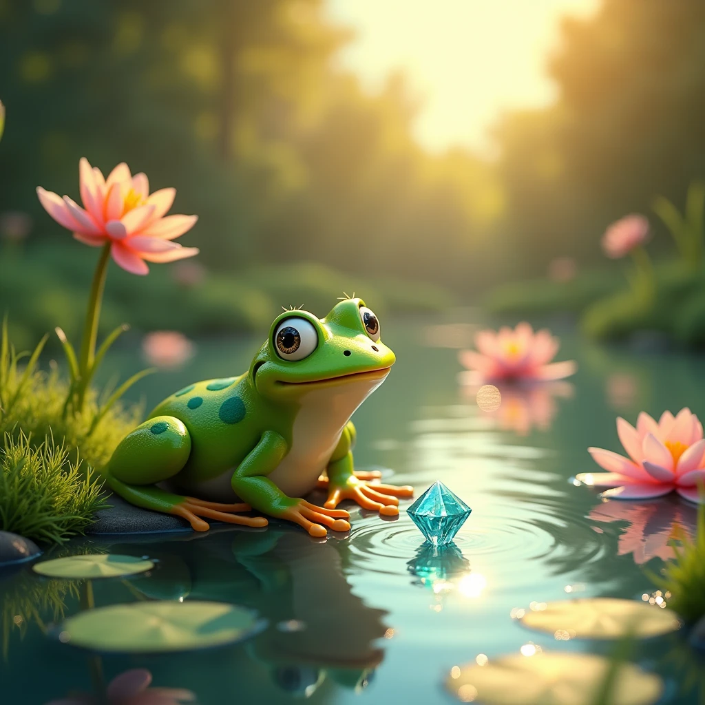 sunny day, a frog happily found a shiny diamond by the pond, lilies grow beautifully
