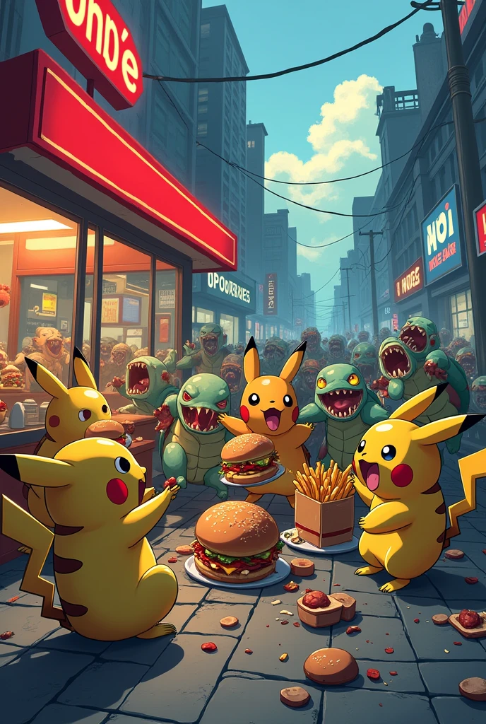 zombie pokemon eating fast food, Fast Food, burger, hungry zombies, in the pokemon world, anime style, anime drawing, pokemon

