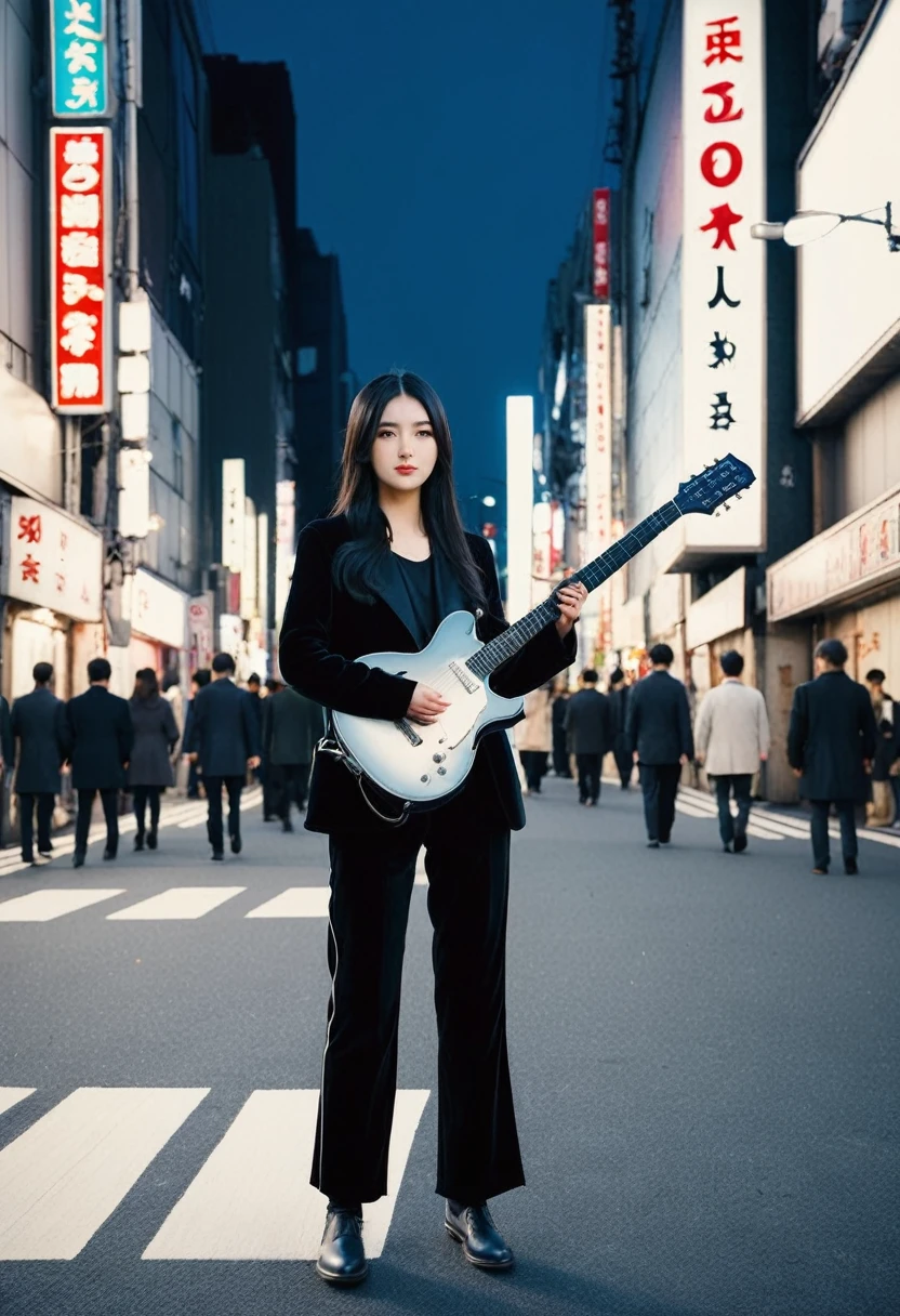 1girl, solo, Japanese、No glasses、No glasses、Dark Eyes、Long black hair、長い black hair, Center parted long hair, Velvet clothes、Wearing silver trousers、Holding a white guitar、I'm walking, looking up at the building、
kabukicho1, scenery, city, building, night, cityscape, outdoors, sign, Kabukicho at night、Night view、 neon lights, city lights,