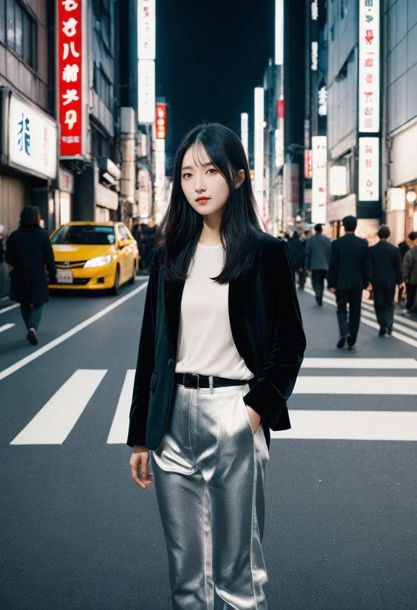 1girl, solo, Japanese、No glasses、No glasses、Dark Eyes、Long black hair、長い black hair, Center parted long hair, Velvet clothes、Wearing silver trousers、Holding a white guitar、I'm walking, looking up at the building、
kabukicho1, scenery, city, building, night, cityscape, outdoors, sign, Kabukicho at night、Night view、 neon lights, city lights,