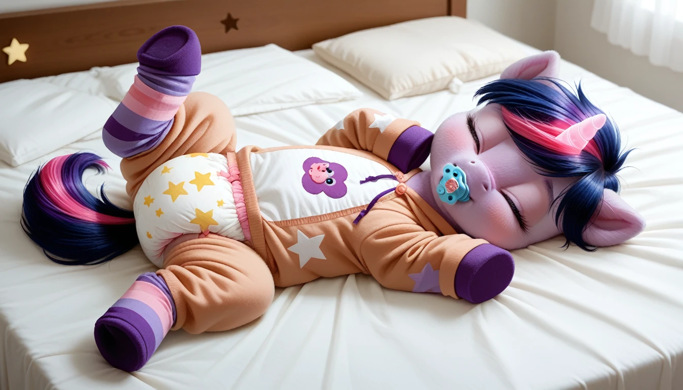 pony, purple unicorn, dark blue mane with purple streak and pink streak, the tail is dark blue with a purple strand and a pink strand, closed eyes, on the side close to the back hoof is a drawing of a pink star with six small stars around a central star, adult mare, sleeps in an adult-sized crib, wearing an adult-sized onesie and booties, baby adult size pacifier in mouth, solo, thick diaper under clothes.