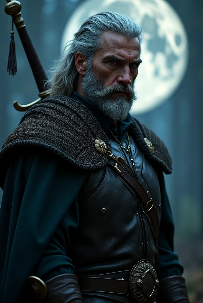 Actor Travis Fimmel (travis fimmel) Geralt of Rivia (Geralt of Rivia) Night portrait of, his face is illuminated by the full moon, He has a beard, Model shooting style (Extremely detailed CG Unity 8K), Full-frame photography of the world&#39;s most beautiful works of art, Medieval wizard armor, Greg Rutkowski&#39;s professional majestic paintings, Popular on artstation, Popular on CGsociety, complex, Very detailed, Be focused, dramatic, Midjourney&#39;s realistic paintings