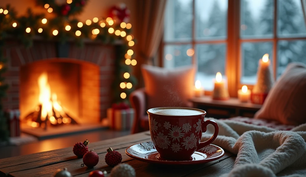 a cozy winter scene, mugs of hot coffee latte, intricate christmas ornaments, warm fireplace, twinkling string lights, snowy pine trees, gingerbread house, stacks of holiday presents, festive garlands, candles flickering, plush throw blankets, (best quality,4k,8k,highres,masterpiece:1.2),ultra-detailed,(realistic,photorealistic,photo-realistic:1.37),highly detailed,cinematic lighting,warm color palette,christmas aesthetic,holiday vibes,cozy and inviting