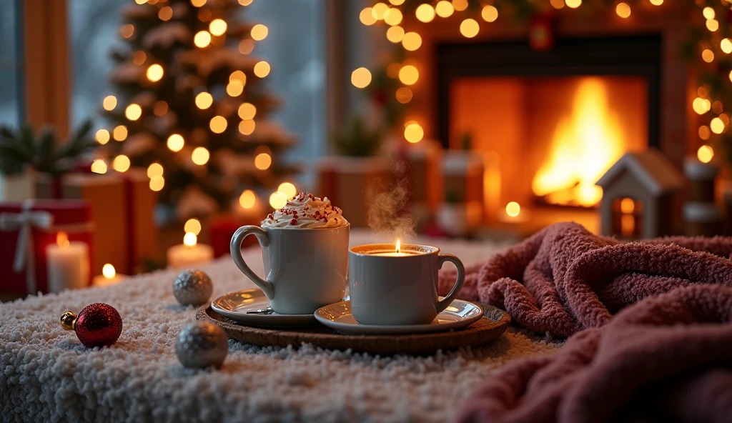 a cozy winter scene, mugs of hot coffee latte, intricate christmas ornaments, warm fireplace, twinkling string lights, snowy pine trees, gingerbread house, stacks of holiday presents, festive garlands, candles flickering, plush throw blankets, (best quality,4k,8k,highres,masterpiece:1.2),ultra-detailed,(realistic,photorealistic,photo-realistic:1.37),highly detailed,cinematic lighting,warm color palette,christmas aesthetic,holiday vibes,cozy and inviting