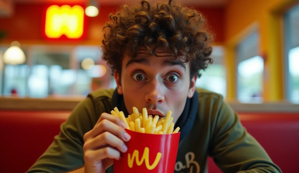 A highly realistic, high-contrast, 8K HD, detailed, hyper-detailed image of a young man sitting in a restaurant named 'Wack', resembling McDonald's with a 'W' logo instead of 'M'. The young man is in focus as he is about to bring a fry to his mouth. The fry's packaging has a clearly visible 'W' logo on it. The scene is set inside the restaurant with warm, ambient lighting, and the background is consistent with the restaurant atmosphere, showcasing a vibrant, energetic environment. The man's face, as shown in the reference image, displays a mix of curiosity and surprise, with his characteristic curly hair and expressive eyes clearly visible. The image captures the moment with ultra-high resolution, bringing out the detailed textures and rich colors of the scene.