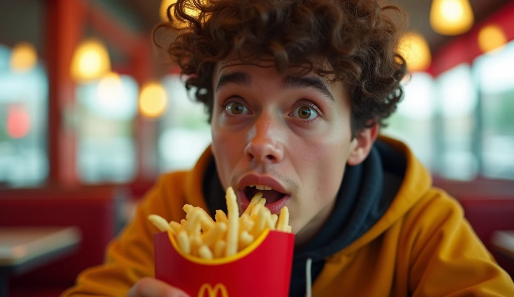 A highly realistic, high-contrast, 8K HD, detailed, hyper-detailed image of a young man sitting in a restaurant named 'Wack', resembling McDonald's with a 'W' logo instead of 'M'. The young man is in focus as he is about to bring a fry to his mouth. The fry's packaging has a clearly visible 'W' logo on it. The scene is set inside the restaurant with warm, ambient lighting, and the background is consistent with the restaurant atmosphere, showcasing a vibrant, energetic environment. The man's face, as shown in the reference image, displays a mix of curiosity and surprise, with his characteristic curly hair and expressive eyes clearly visible. The image captures the moment with ultra-high resolution, bringing out the detailed textures and rich colors of the scene.