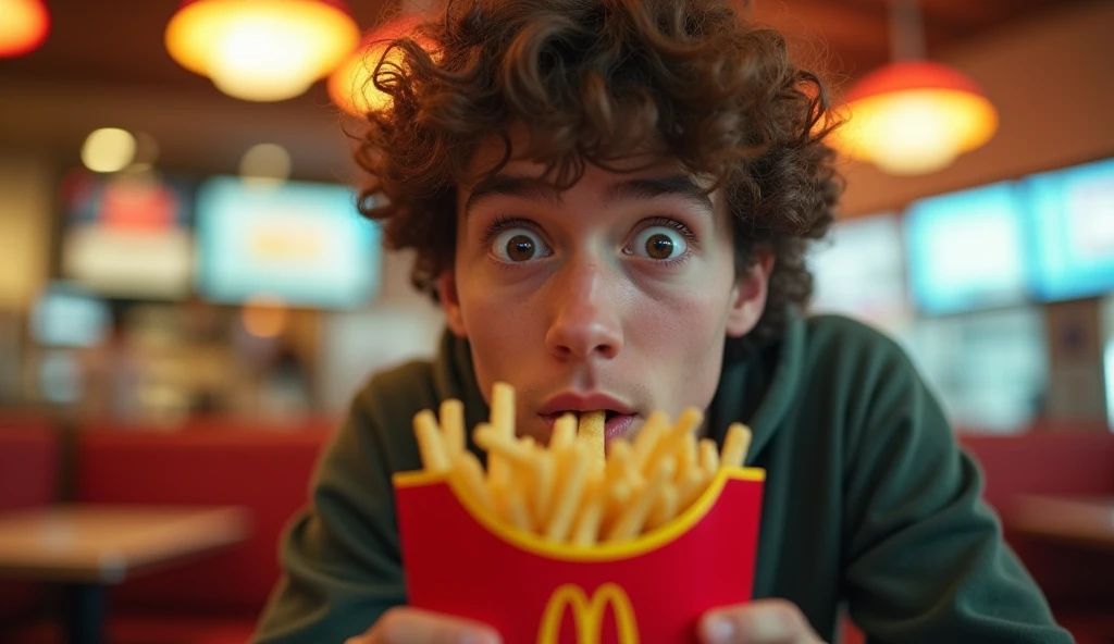 A highly realistic, high-contrast, 8K HD, detailed, hyper-detailed image of a young man sitting in a restaurant named 'Wack', resembling McDonald's with a 'W' logo instead of 'M'. The young man is in focus as he is about to bring a fry to his mouth. The fry's packaging has a clearly visible 'W' logo on it. The scene is set inside the restaurant with warm, ambient lighting, and the background is consistent with the restaurant atmosphere, showcasing a vibrant, energetic environment. The man's face, as shown in the reference image, displays a mix of curiosity and surprise, with his characteristic curly hair and expressive eyes clearly visible. The image captures the moment with ultra-high resolution, bringing out the detailed textures and rich colors of the scene.
