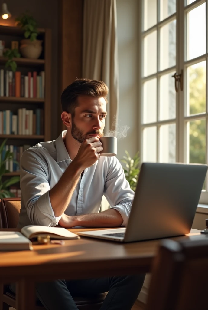 room, a man in his 30s drinking coffee while sitting at a table with a laptop