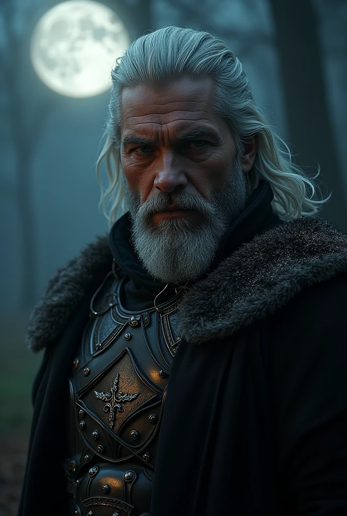Actor Travis Fimmel (travis fimmel) Geralt of Rivia (Geralt of Rivia) Night portrait of, his face is illuminated by the full moon, He has a beard, Model shooting style (Extremely detailed CG Unity 8K), Full-frame photography of the world&#39;s most beautiful works of art, Medieval wizard armor, Greg Rutkowski&#39;s professional majestic paintings, Popular on artstation, Popular on CGsociety, complex, Very detailed, Be focused, dramatic, Midjourney&#39;s realistic paintings