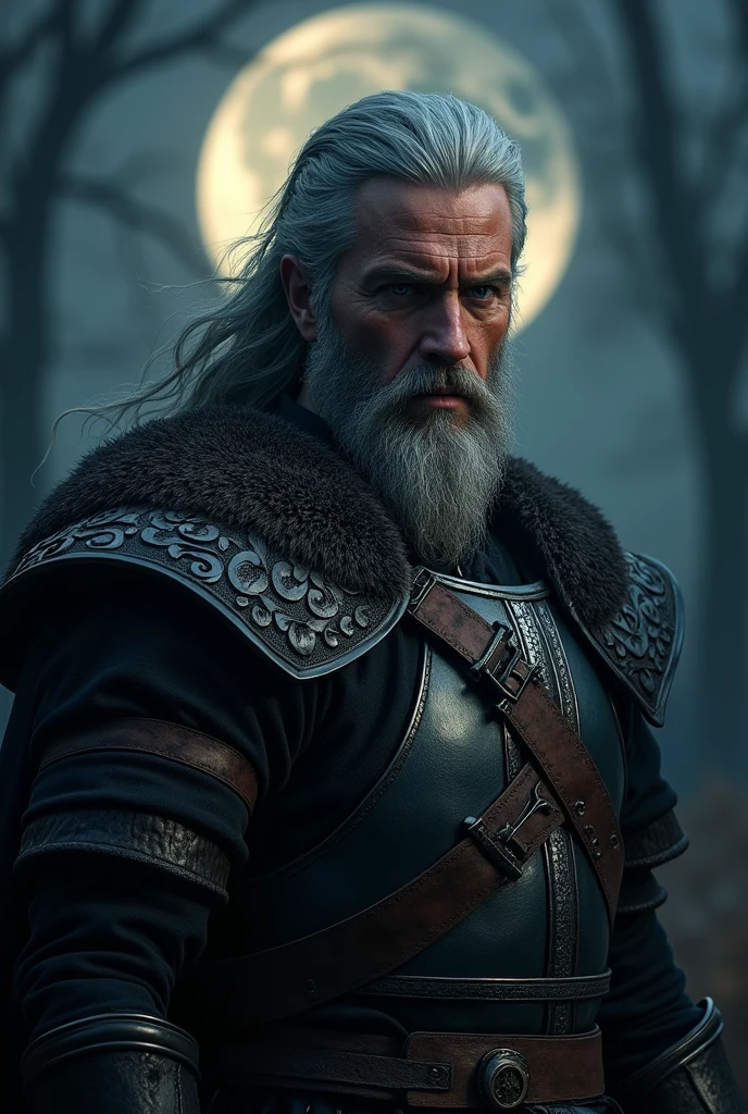 Actor Travis Fimmel (travis fimmel) Geralt of Rivia (Geralt of Rivia) Night portrait of, his face is illuminated by the full moon, He has a beard, Model shooting style (Extremely detailed CG Unity 8K), Full-frame photography of the world&#39;s most beautiful works of art, Medieval wizard armor, Greg Rutkowski&#39;s professional majestic paintings, Popular on artstation, Popular on CGsociety, complex, Very detailed, Be focused, dramatic, Midjourney&#39;s realistic paintings