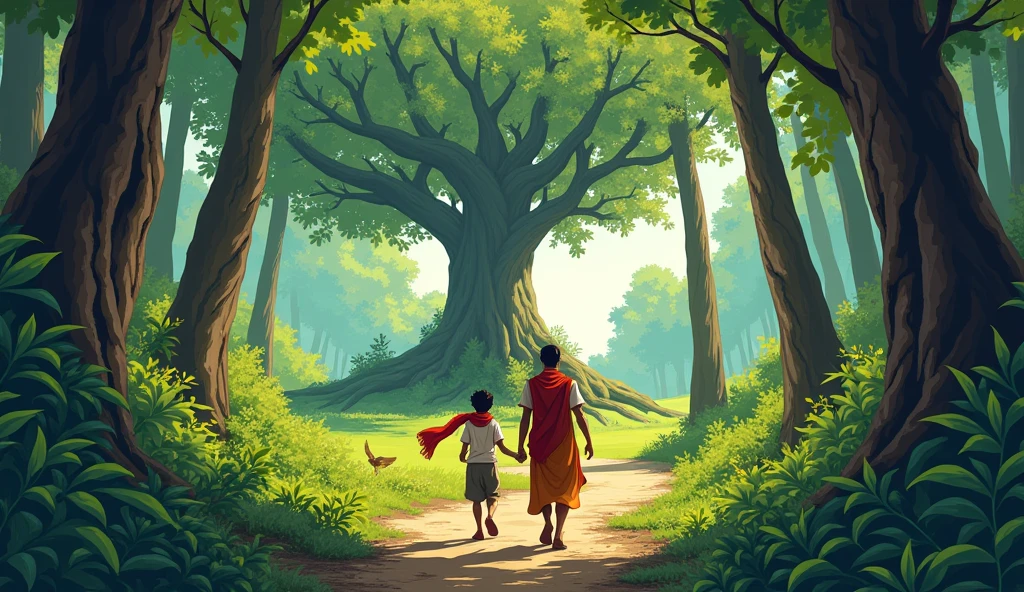 Sage Bhaskar guiding Arav to the tree: Comic style. Arav, still the young adult warrior, follows Sage Bhaskar through a forest path lined with dense foliage and vibrant greenery. The path is surrounded by tall trees with thick trunks, and the air is filled with the sounds of chirping birds. Arav’s face shows curiosity and hope, and his red scarf flutters slightly in the gentle breeze. The sage leads him to the large, ancient tree, which stands majestically in a sunlit clearing, providing a sense of wisdom and tranquility.