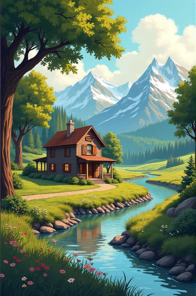 illustration. Landscape with a country house, trees, a river, mountains in the background